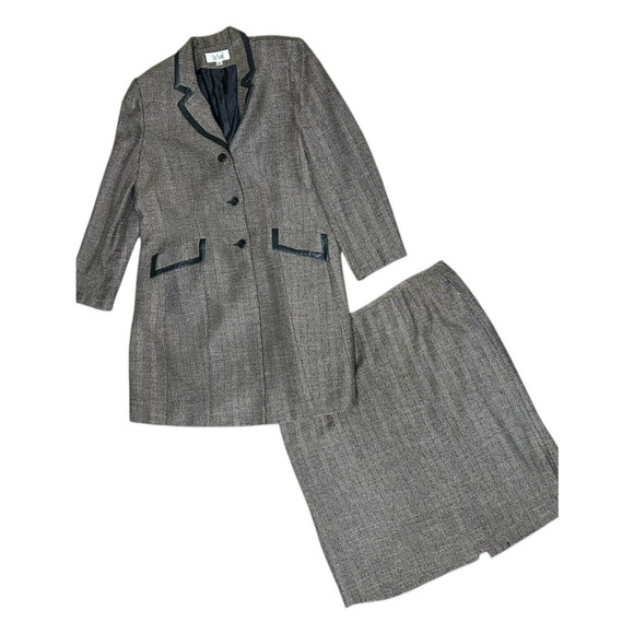 Le Suit Women's 18 Suit 2 Pc Skirt Overcoat Topper Jacket Herringbone Tan Black - Picture 1 of 11